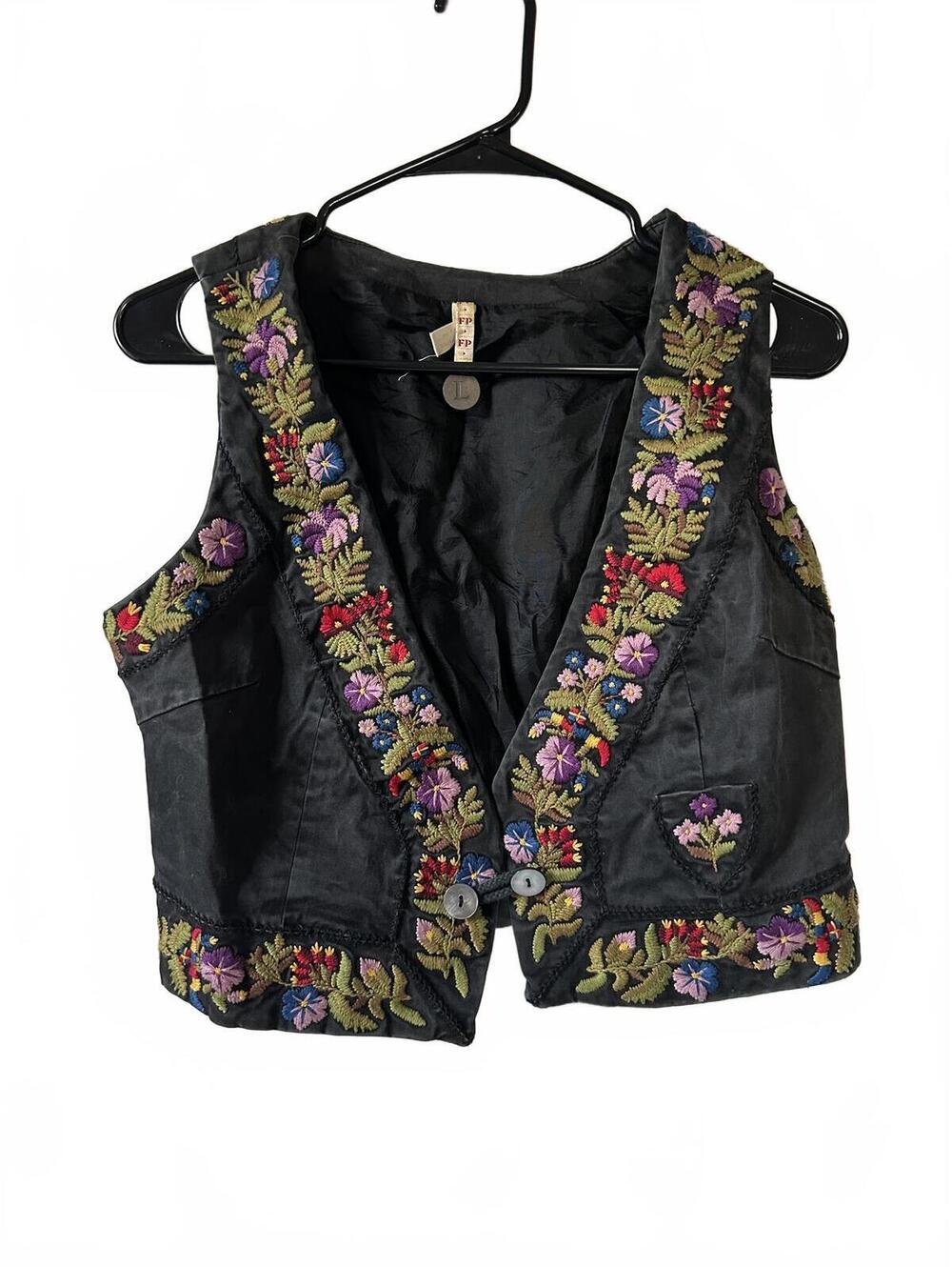 Free People Black Floral Embroidered Boho Vest Size L